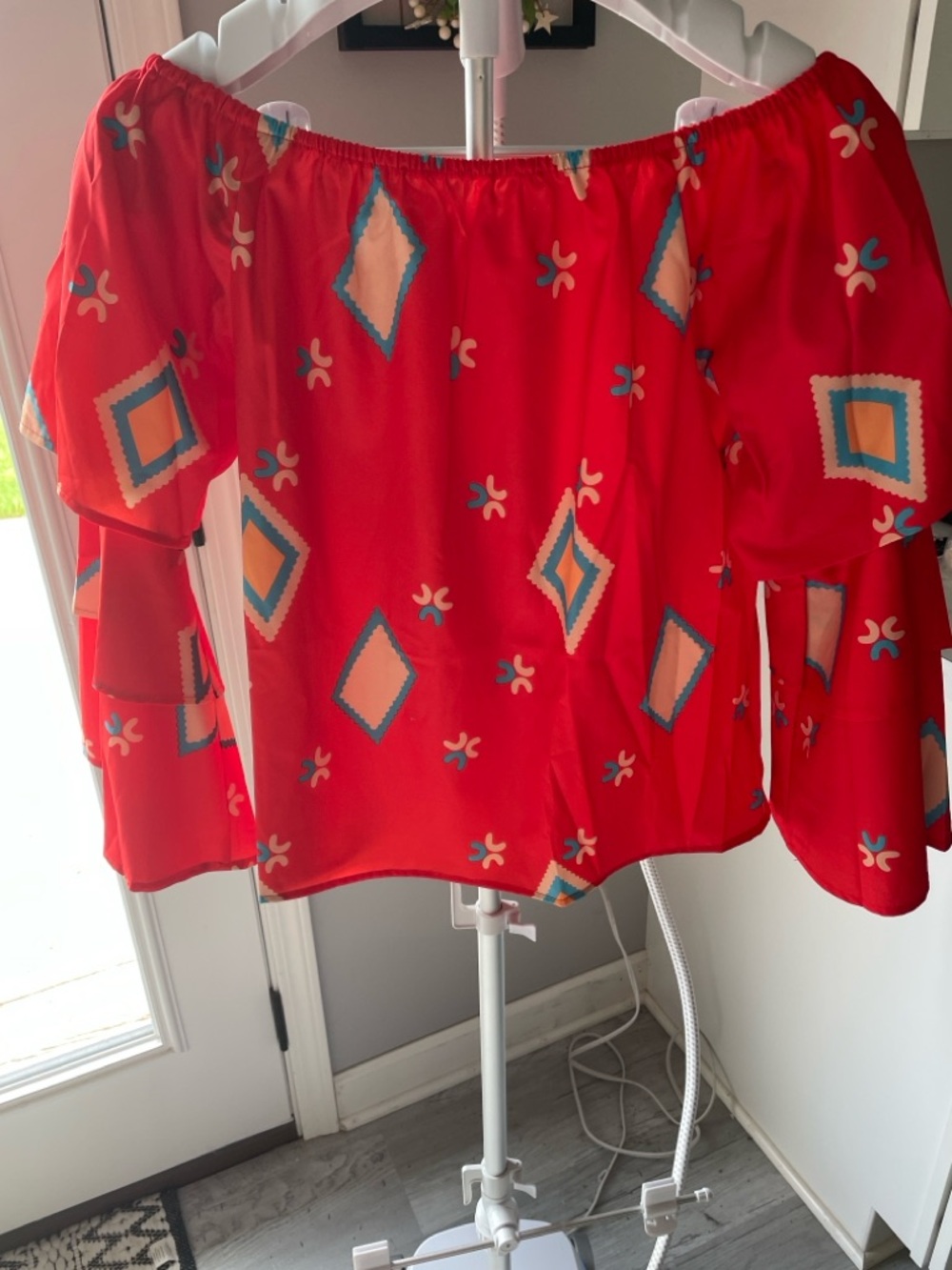Red Off-Shoulder Geometric Print Blouse